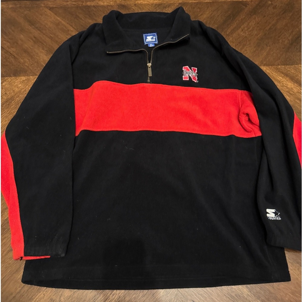 Vintage Starter Nebraska Huskers‎ Quarter Zip Fleece Pullover Black Red Mens XL